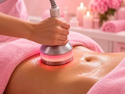 Cavitation body contouring session demonstrating targeted fat reduction treatment.