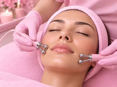 Microcurrent therapy session showing a client receiving skin rejuvenation treatment.