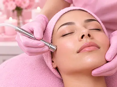 A close-up of a client's skin being treated with microdermabrasion, showing a gentle exfoliation process for smoother skin.