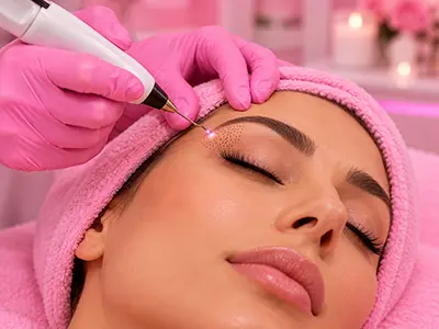 Before and after results of fibroblast treatment on a single facial area, showcasing improved skin tightness and texture.