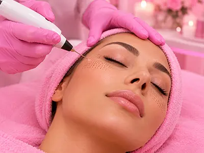 Fibroblast treatment applied to two facial areas, showcasing skin-tightening results.