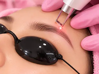 Laser treatment for eyebrow tattoo removal, showcasing before and after results.
