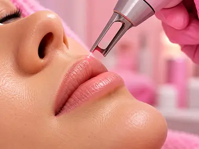 Laser treatment for removing unwanted cosmetic lip liner tattoo pigment for a natural look.