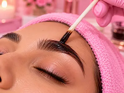 Professional brow shaping and henna tinting service enhancing natural brow shape with rich color.