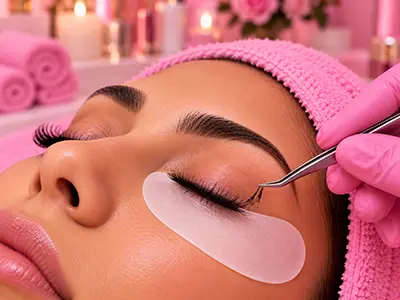 A professional lash removal service showing a technician carefully removing lash extensions from a client’s eyes.