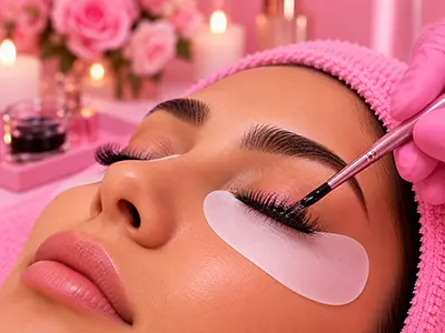 A close-up of beautifully tinted eyelashes enhancing natural eye beauty.