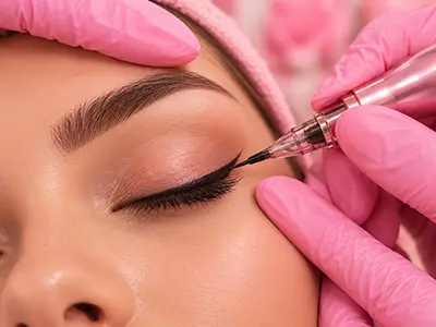 A professional applying eyeliner tattoo service on a client's eyelid for defined eyes.