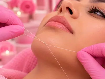 Chin threading procedure showcasing the technique of hair removal using twisted cotton thread for a smooth finish.