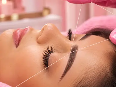 Eyebrow threading service showcasing the technique of shaping brows with cotton thread.