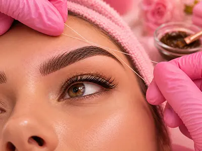 A close-up of beautifully shaped eyebrows enhanced with henna tinting, showcasing the precision of threading.