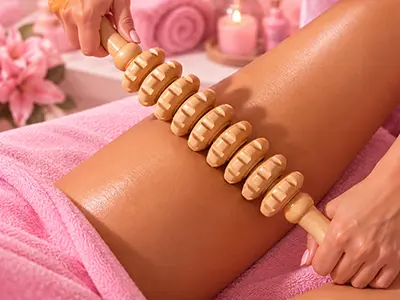 Wood therapy session focused on two body areas with specialized wooden tools to enhance skin appearance.