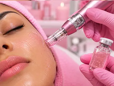 Microneedling treatment session with exosome application for skin rejuvenation.